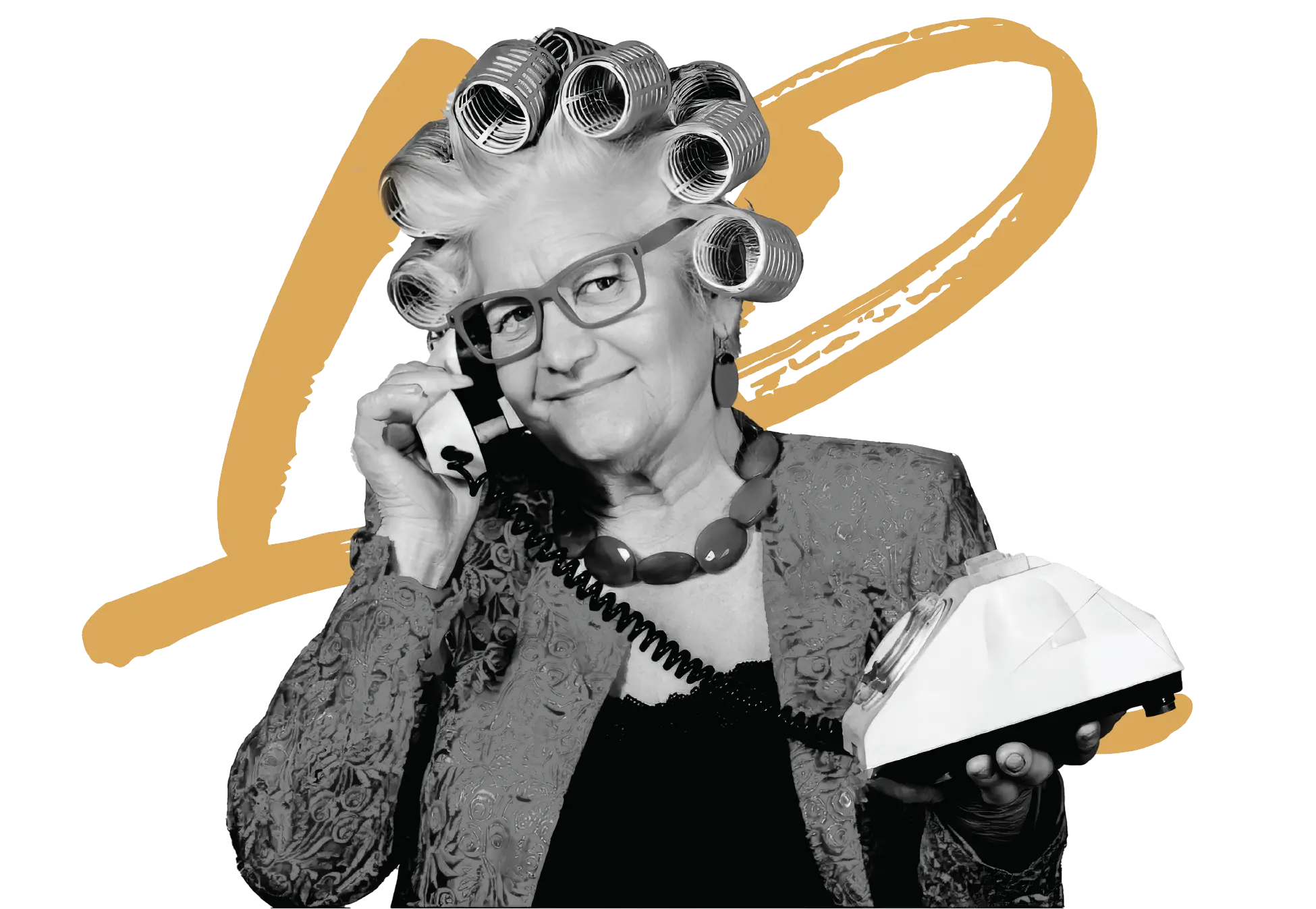 Photo humoristique : dame avec bigoudis au téléphone — prise de rendez-vous coiffure à domicile à Bruxelles