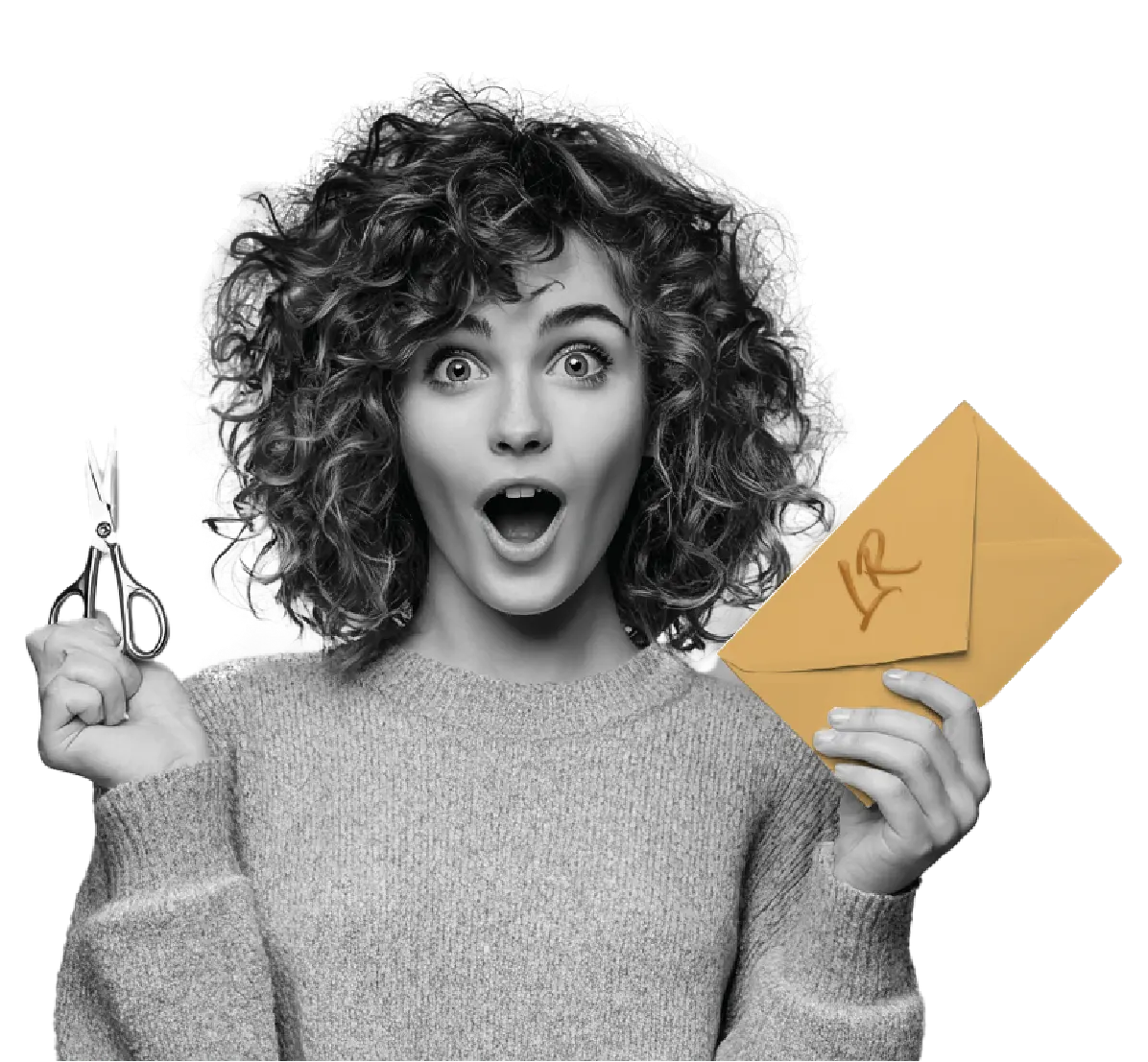 Carte cadeau LR Coiffure — femme aux boucles tenant ciseaux et enveloppe, coiffure à domicile à Bruxelles