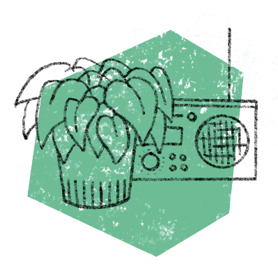 Illustration d'une plante verte en pot et d'un poste de radio vintage.
