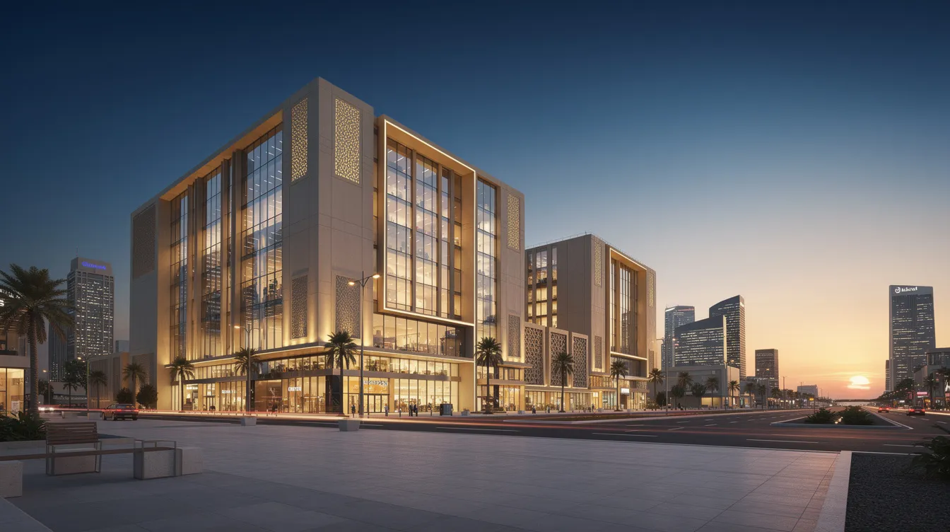 A modern commercial building stands illuminated in a Middle Eastern city at dusk, showcasing warm lighting against a clear sky. This facility exemplifies the reliable services offered by leading facility management companies like MMG Holdings, which focus on simplifying complexity and ensuring safety for clients and their assets.