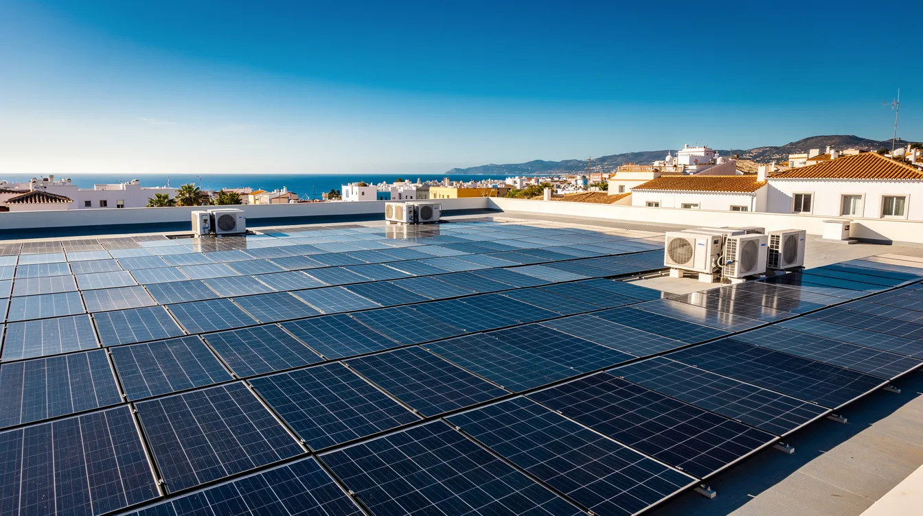 The image shows solar panels installed on a flat commercial rooftop, basking under a bright blue sky typical of a Mediterranean climate. This setup reflects the commitment of leading facility management companies like MMG Holdings to sustainable energy solutions and efficient operations in Lebanon.
