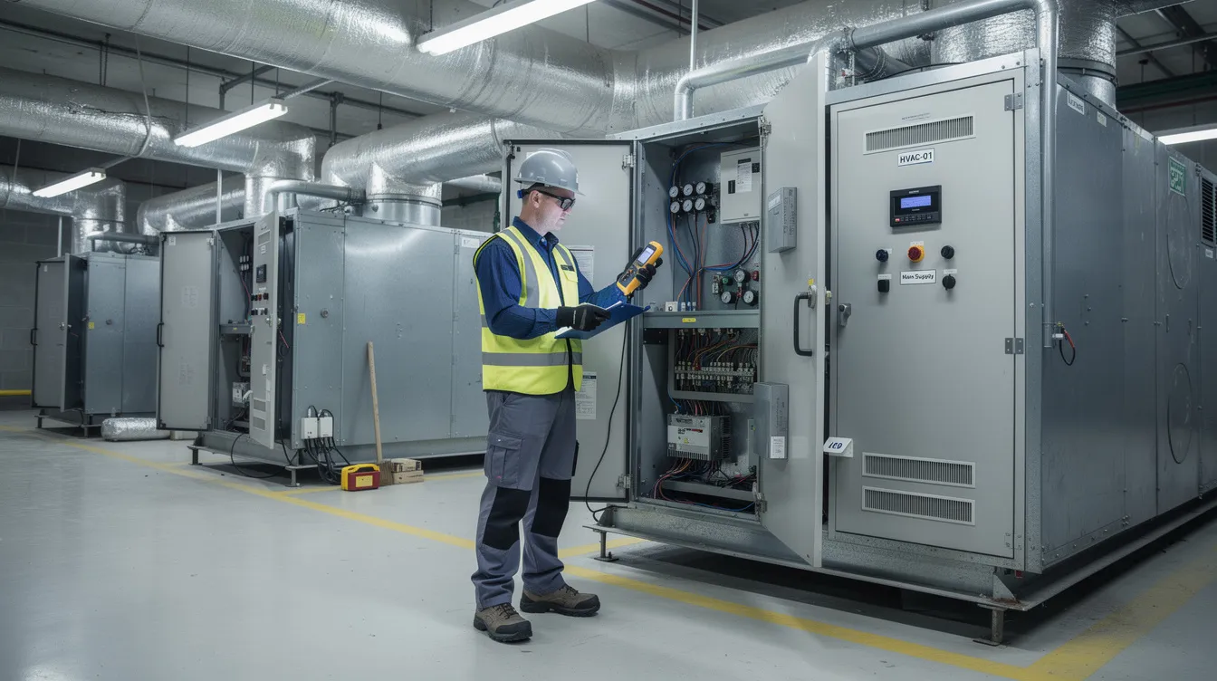 A technician wearing safety gear is inspecting an industrial HVAC unit inside a large mechanical room, showcasing the commitment of MMG Holdings, a leading facility management company in Lebanon, to ensuring reliable operations and maintenance for their clients' assets. The focus on safety and transparency reflects their dedication to simplifying complexity in facility management services.