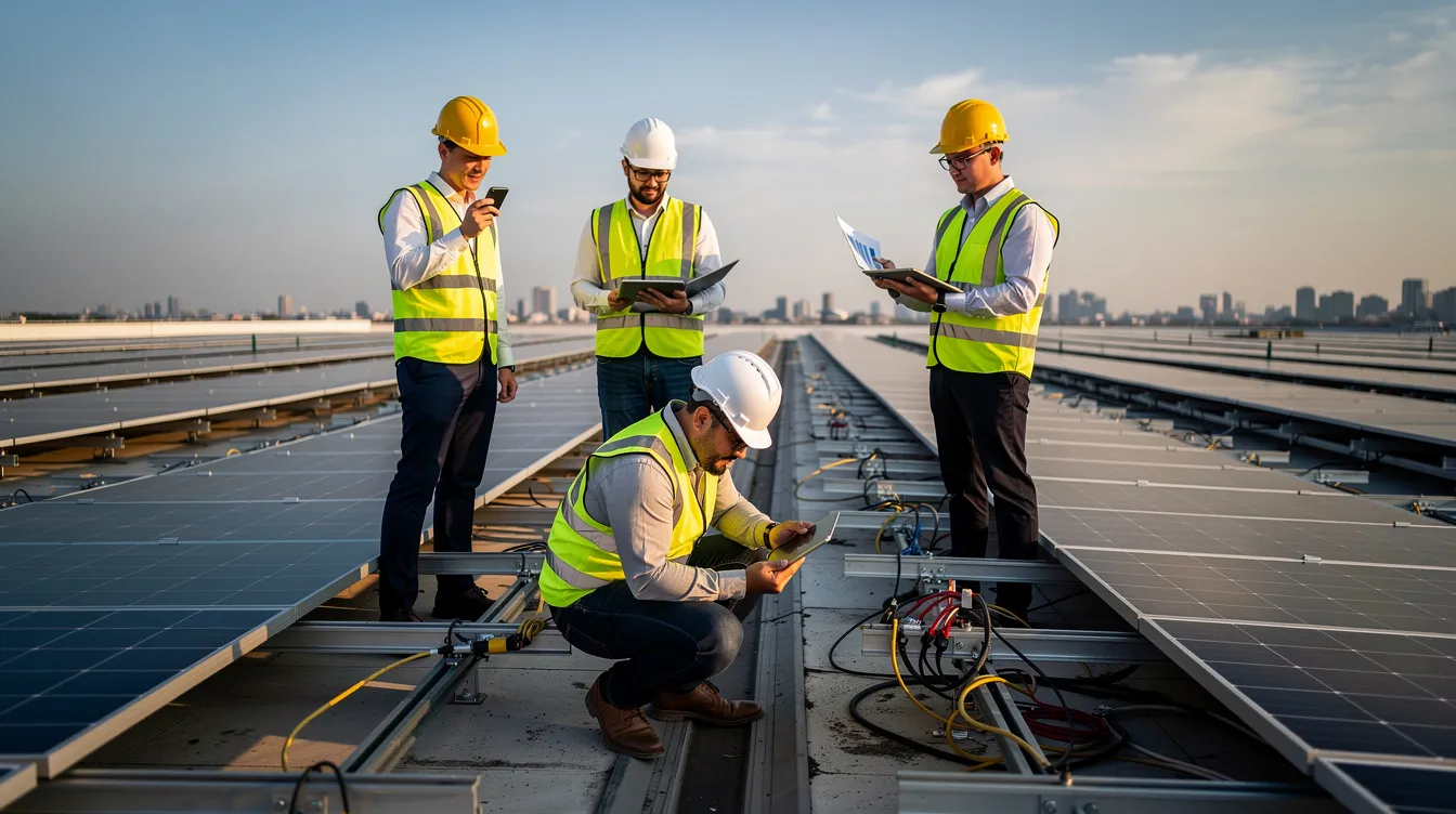 Engineers inspecting rooftop solar panels to ensure optimal installation and maintenance.