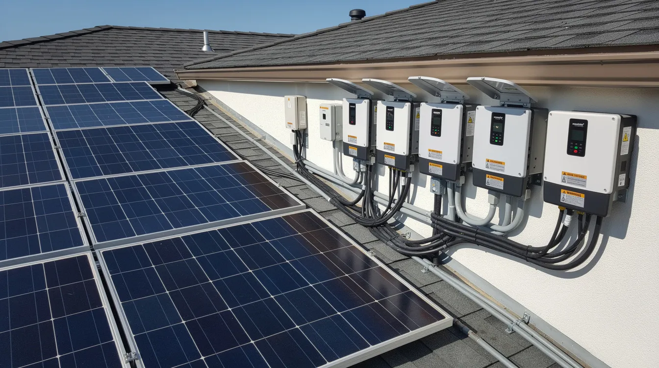 Close-up of solar panels and inverter equipment highlighting critical components of solar power systems.