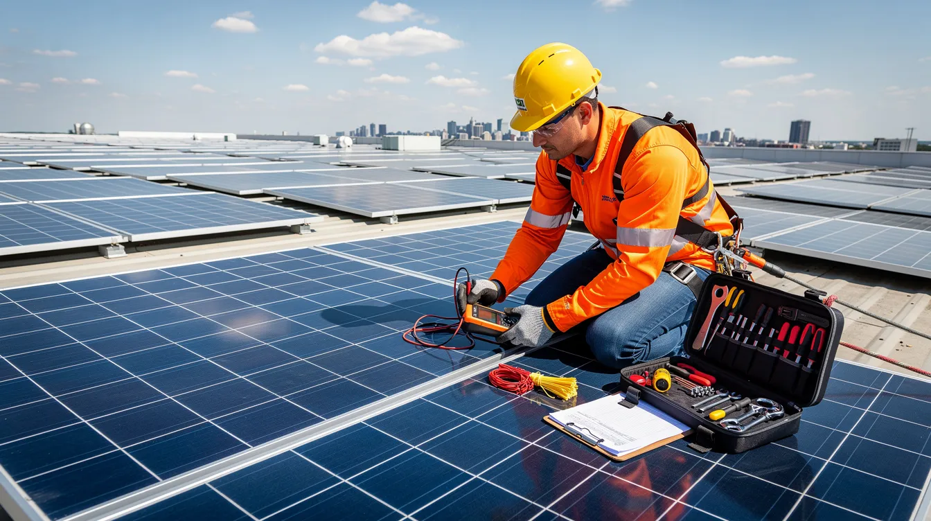 Technician performing maintenance on rooftop solar panels to ensure system efficiency.