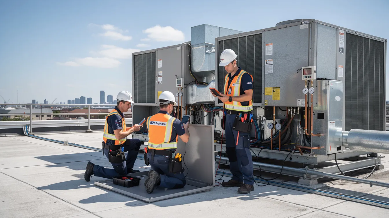 A team of technicians in work uniforms is inspecting and repairing HVAC equipment on the rooftop of a commercial building during the daytime. This scene reflects the operations of a leading facility management company, ensuring safety and maintenance of property assets in Lebanon.