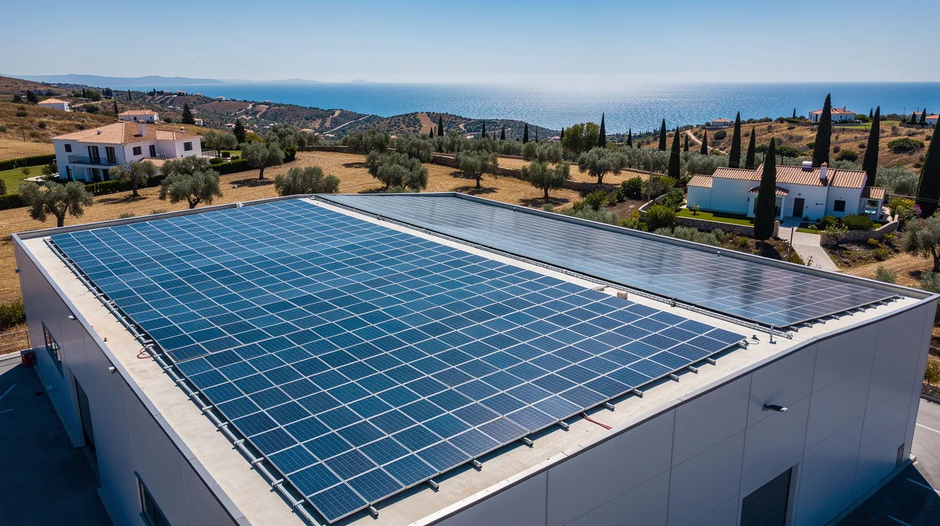 The image depicts solar panels installed on the rooftop of a large commercial building, set against a clear blue sky and a picturesque Mediterranean landscape in the background. This installation reflects the commitment of a leading facility management company, like MMG Holdings, to sustainable energy solutions in Lebanon.