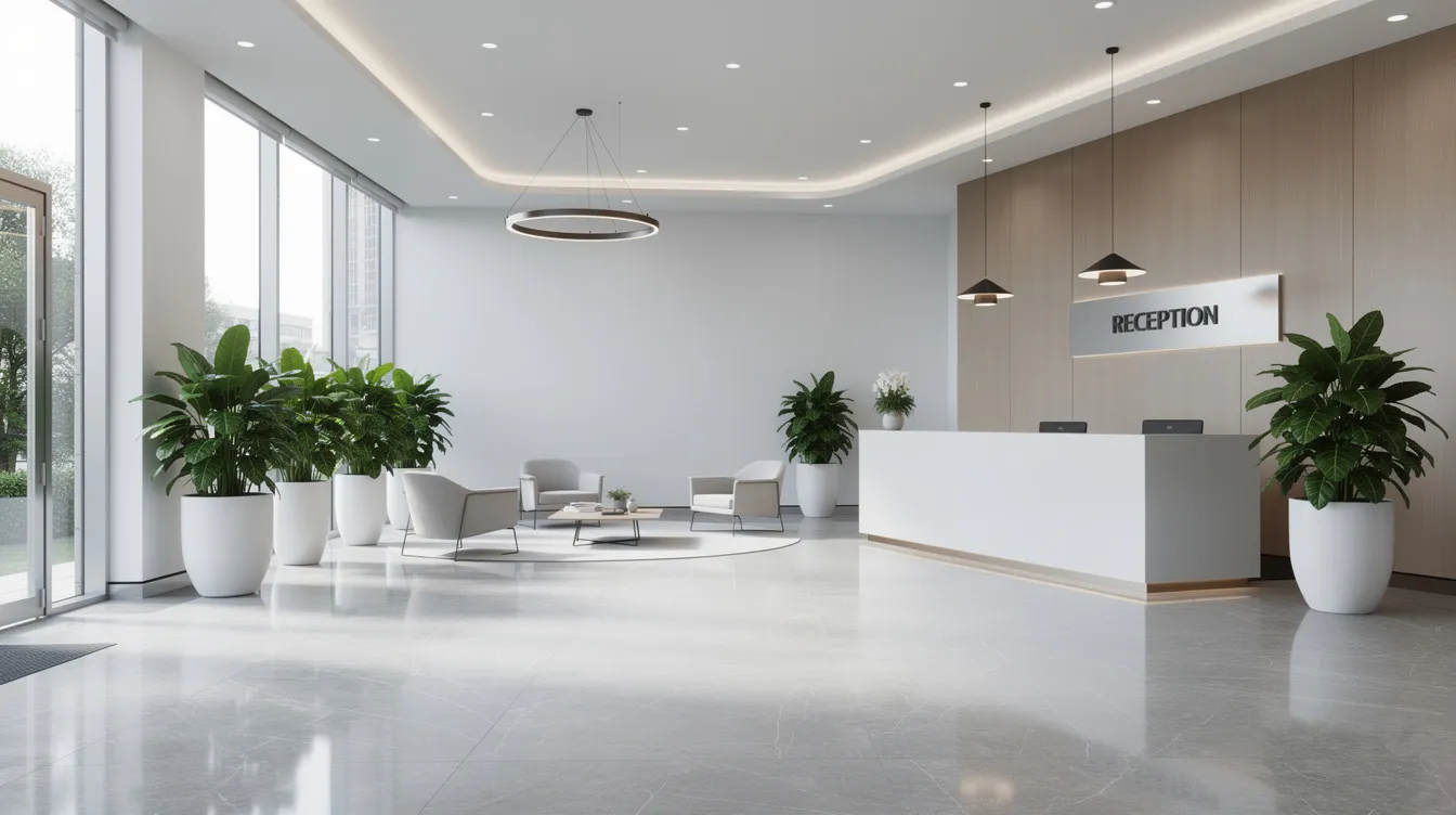 The image depicts a modern office building lobby featuring polished floors and vibrant indoor plants, creating a welcoming atmosphere for visitors. This space reflects the quality and professionalism associated with a leading facility management company like MMG Holdings, which simplifies complexity in operations for businesses across the region.