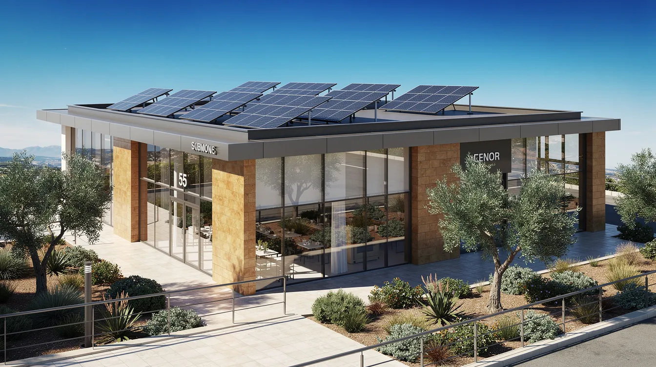 The image depicts a modern commercial building exterior featuring rooftop solar panels, set against a clear Mediterranean sky. This facility represents the innovative approach of MMG Holdings, a leading facility management company dedicated to simplifying complexity in operations and promoting energy efficiency for businesses in the region.
