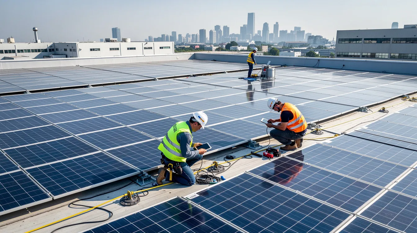 Technicians are actively working on a large rooftop solar panel array atop a commercial building, installing solar systems that contribute to the solar revolution and promote renewable energy. This installation highlights the growing trend of businesses embracing solar solutions to enhance energy efficiency and reduce energy bills.