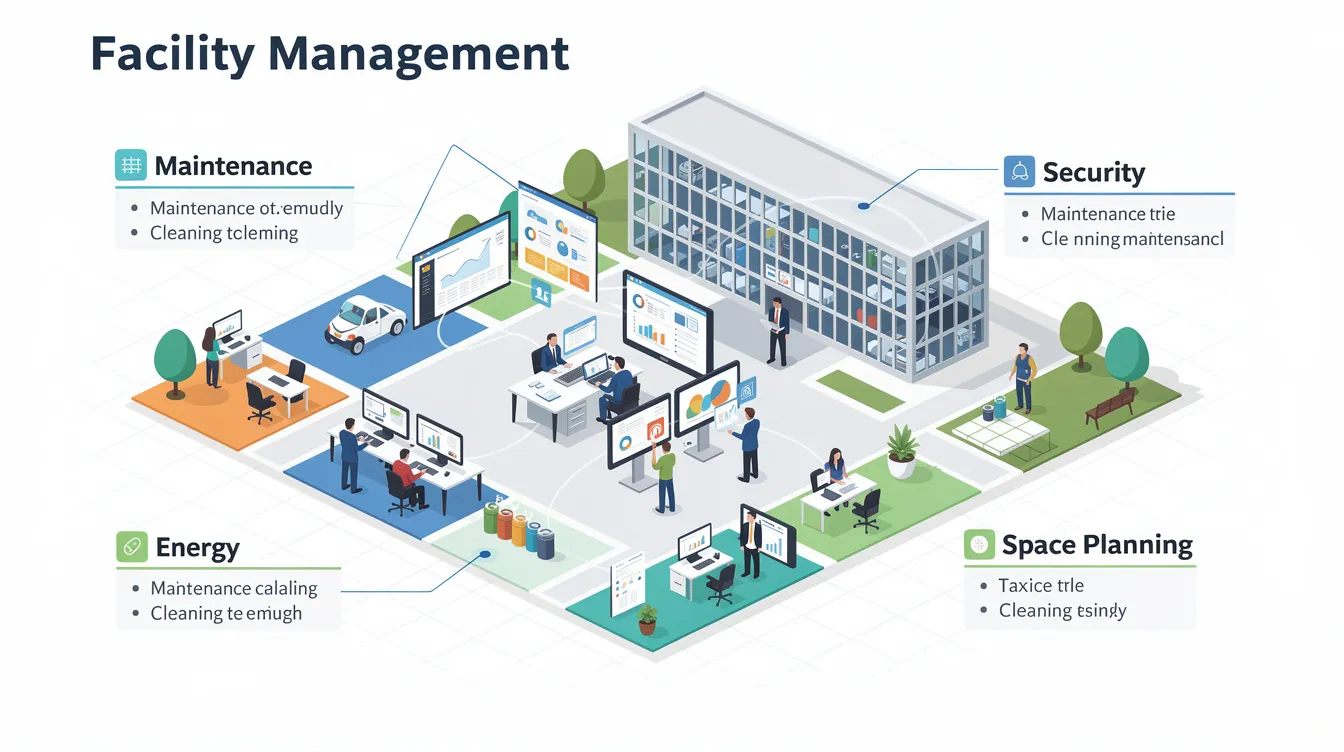 The image presents an overview of facility management, highlighting key concepts such as asset management, support services, and management systems within the built environment. It emphasizes the importance of strategic sourcing and continuous improvement to enhance operational performance and meet the changing needs of various sectors.