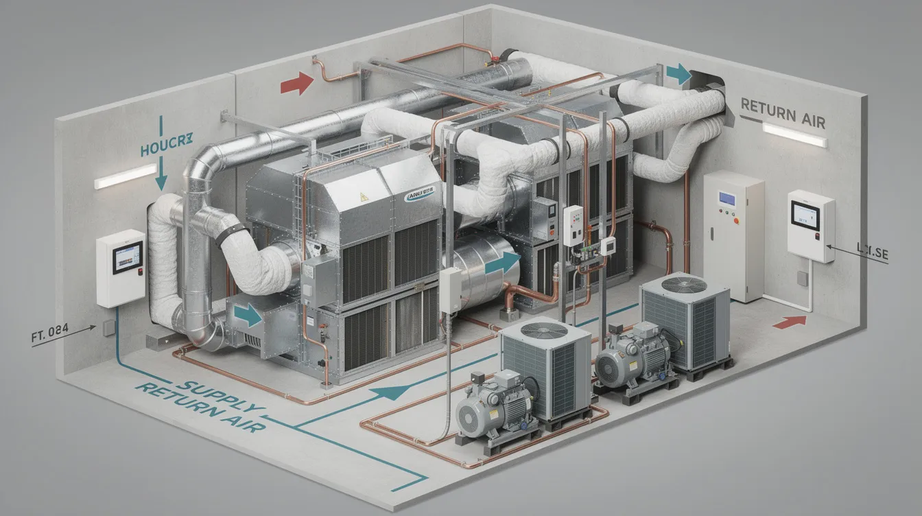 The image depicts a modern HVAC system installed in a commercial building, showcasing its intricate network of ducts and vents essential for maintaining a comfortable working environment. This system is a key component of facility management, supporting operations and enhancing the overall performance of the built environment.