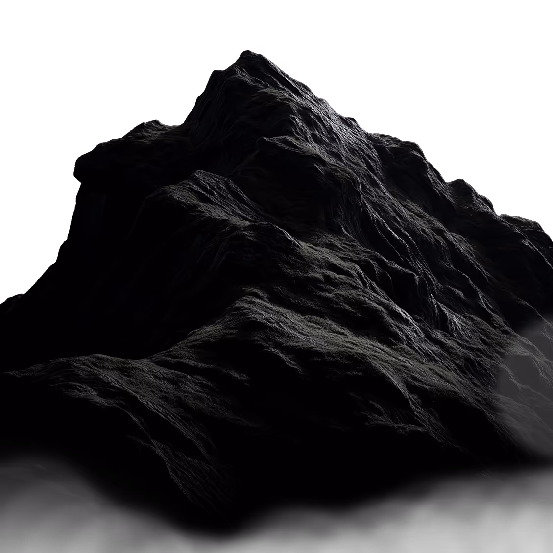 Dark mountain peak illuminated by soft light against a black background.
