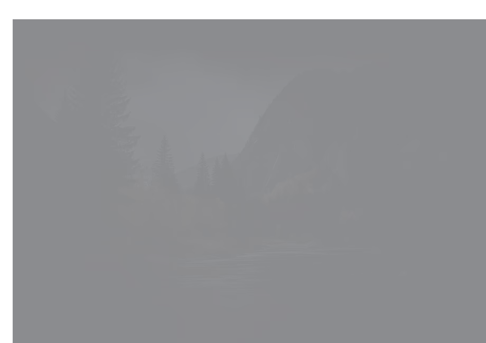 Dark nighttime river scene with silhouettes of pine trees along the riverbank and mountains in the background.
