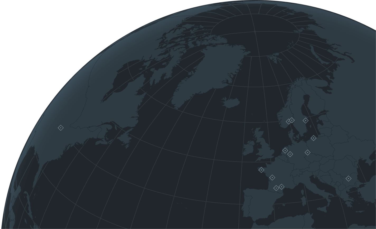 Dark globe map focused on the North Atlantic region, showing parts of Europe, Greenland, and the eastern coast of Canada with marked locations across northern and western Europe.