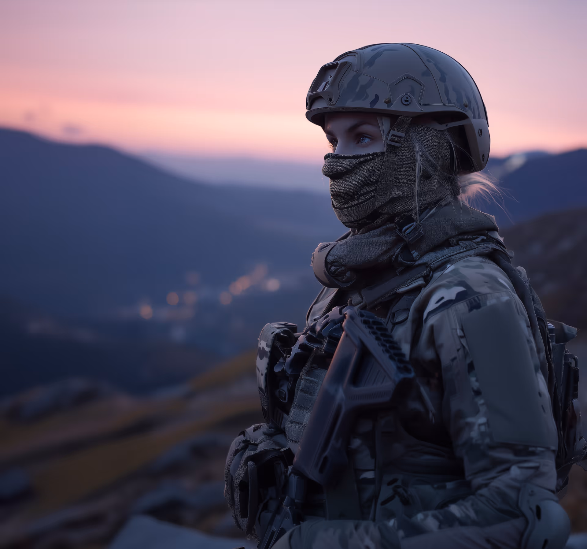 Female soldier in camouflage uniform and helmet standing outdoors at dusk with mountains in the background.