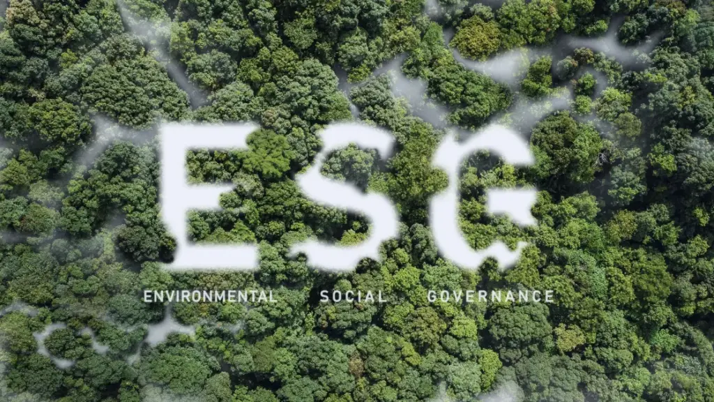 Aerial view of dense green forest with the white text 'ESG' and smaller words 'Environmental Social Governance' overlaying the image.
