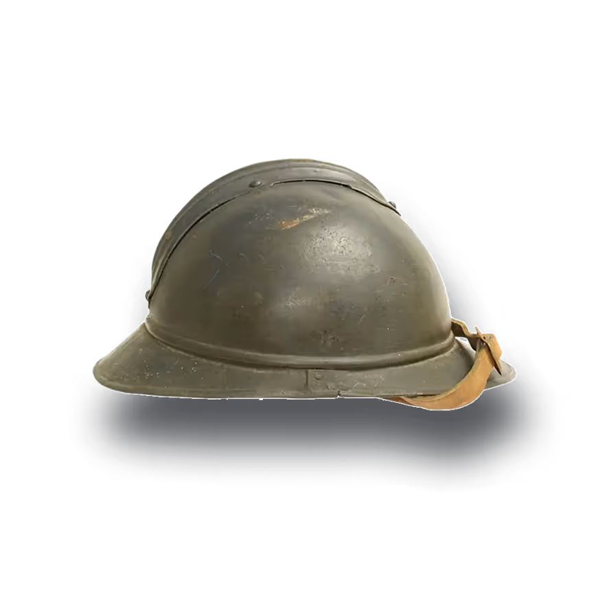 Worn military helmet with a strap, olive green and showing signs of use.