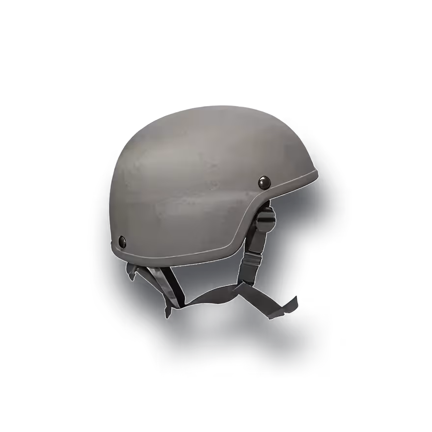 Matte gray military-style helmet with adjustable chin straps.