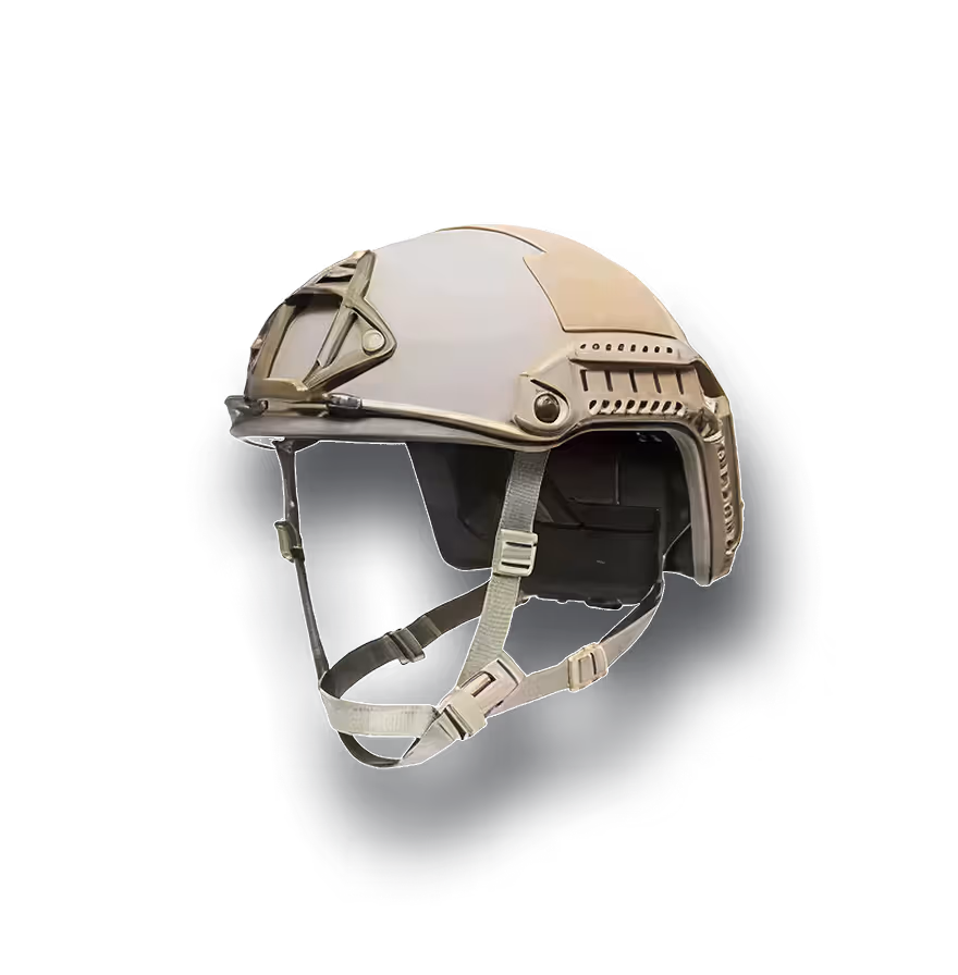 Tan military-style tactical helmet with adjustable chin straps and ventilation holes.