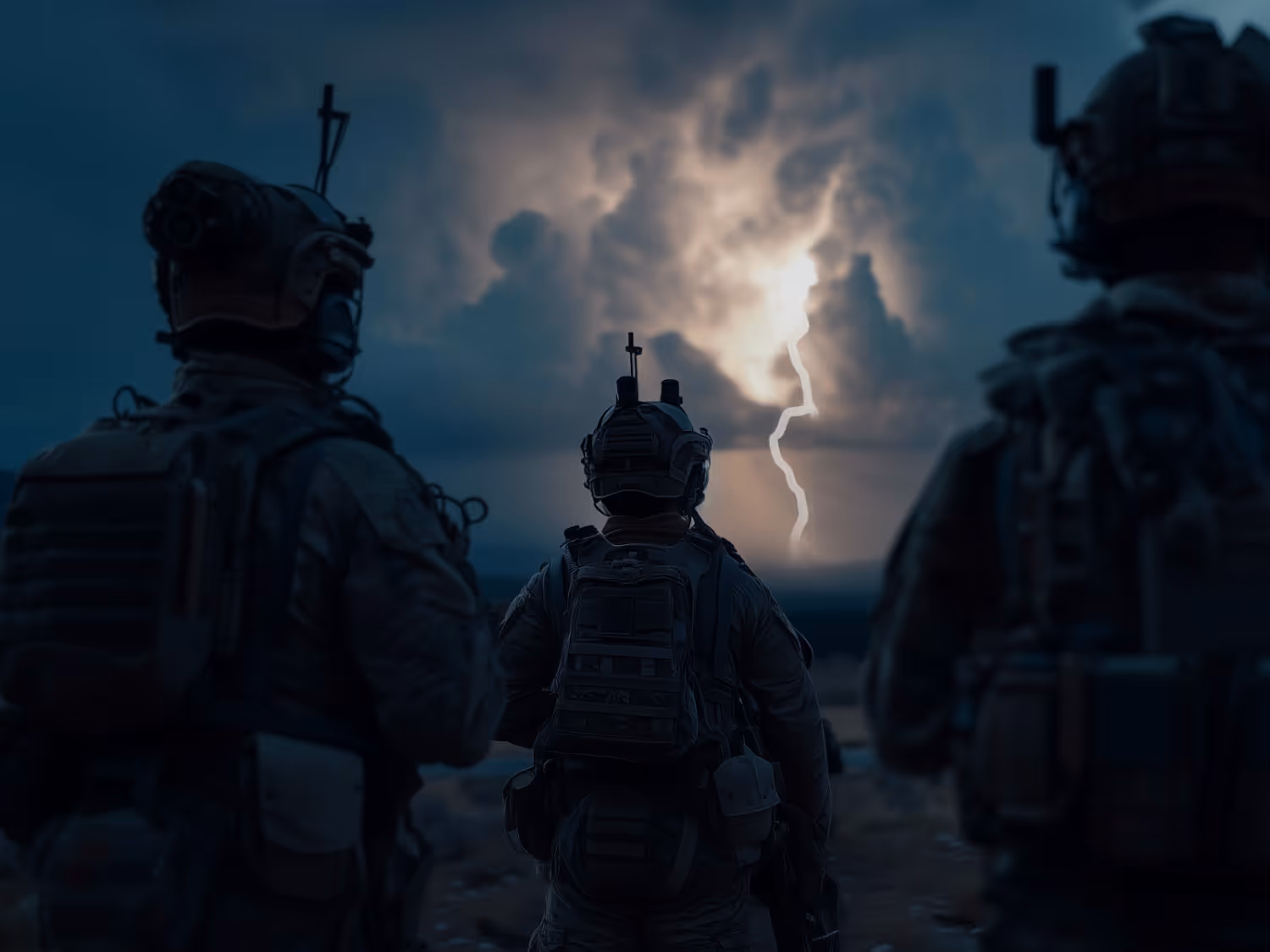 Three soldiers in tactical gear stand facing a dark sky lit by a lightning strike.