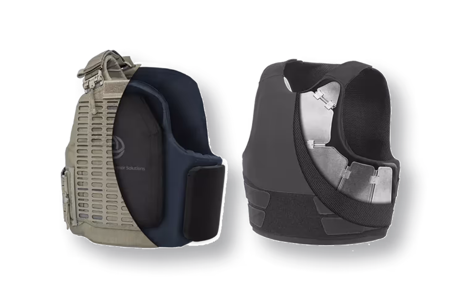 Two tactical vests shown with cutaway views revealing inner protection layers and padding.