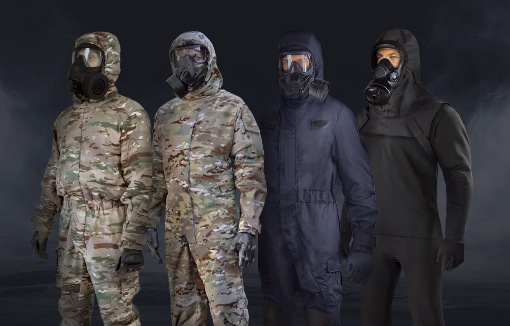 Four individuals wearing different styles of protective suits and gas masks against a dark smoky background.