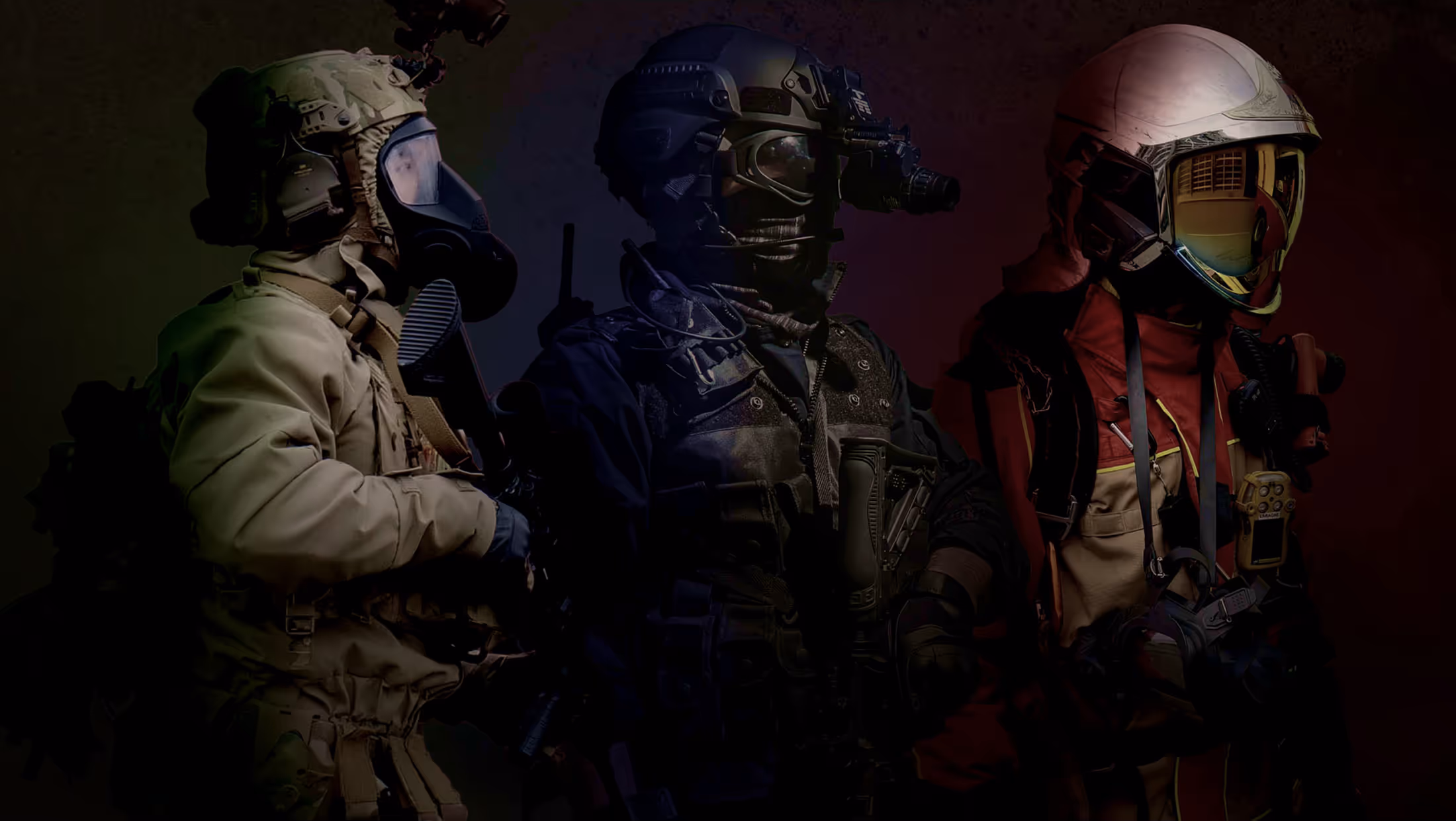 Three people in tactical gear and helmets, including gas masks and night vision equipment, standing side by side in dim lighting.