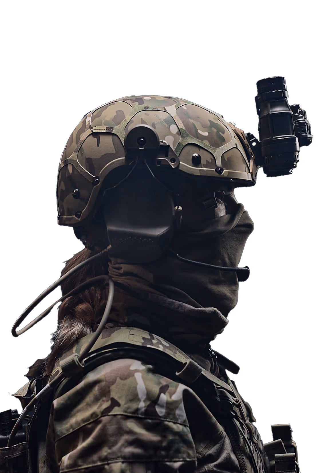Soldier wearing camouflage tactical helmet with night vision monocular and headset, face covered with a balaclava, in profile.