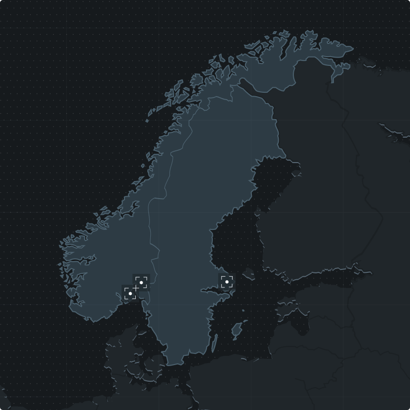 Dark-themed map of Nordic countries showing Norway, Sweden, Finland, and surrounding regions with highlighted mainland borders.