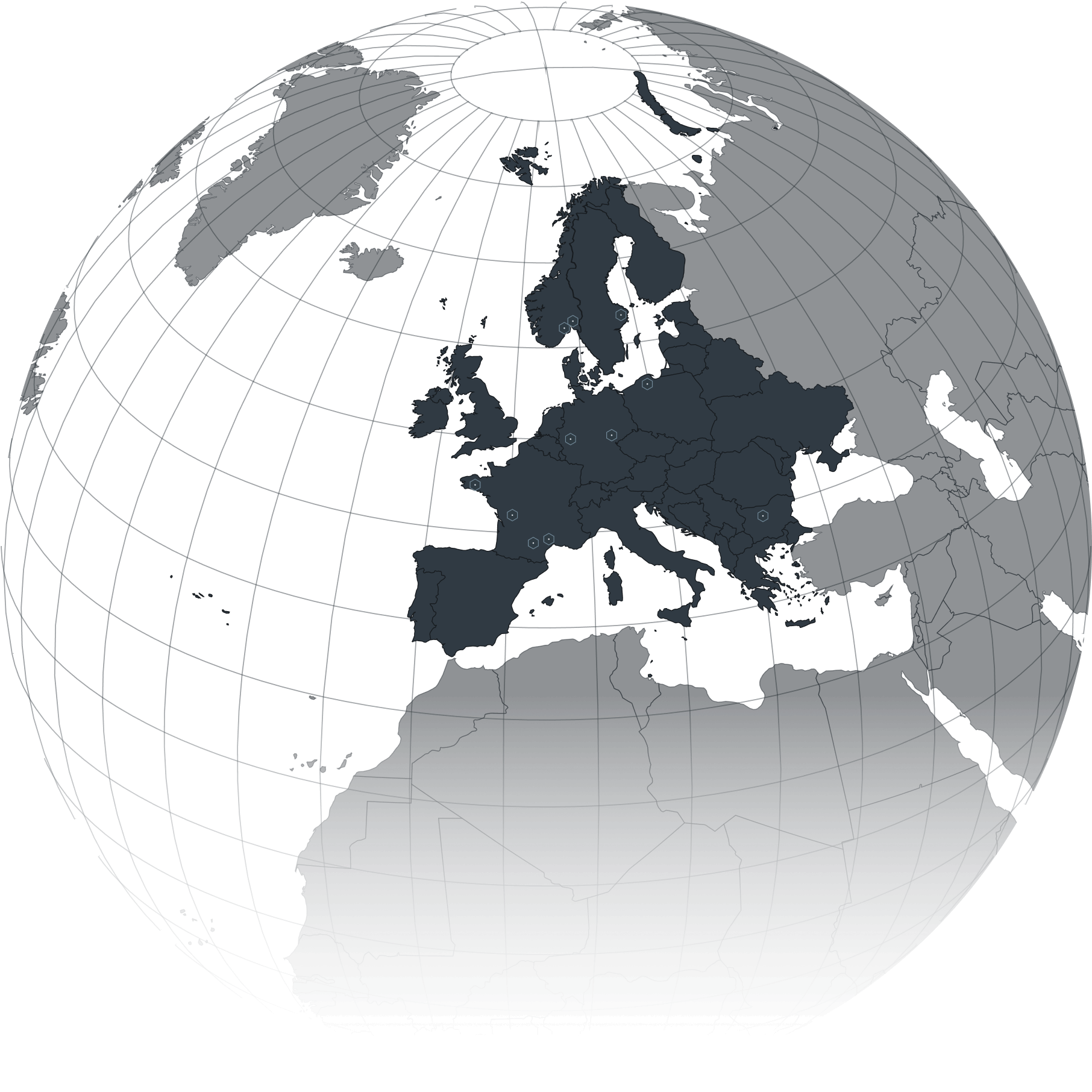 3D globe view focused on Europe highlighting country borders and major cities with markers.