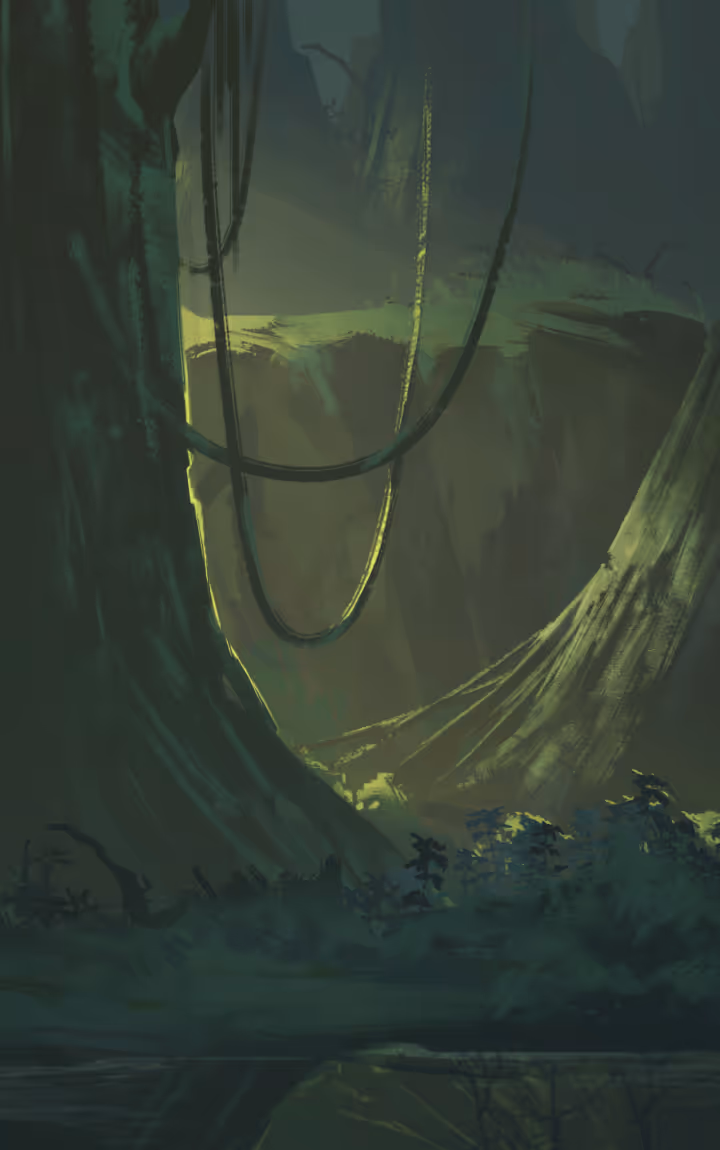 Dark forest with sunlight coming through the trees. Art by Norbert Norkenster