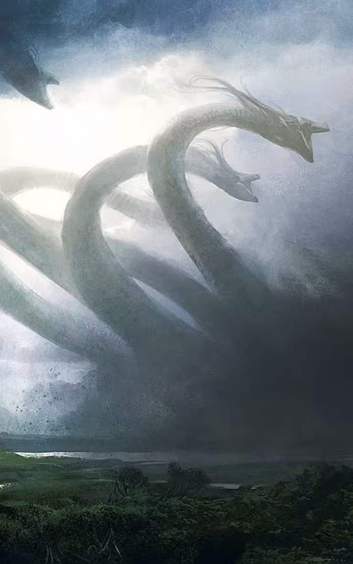 Ethereal dragon silhouette in misty landscape.