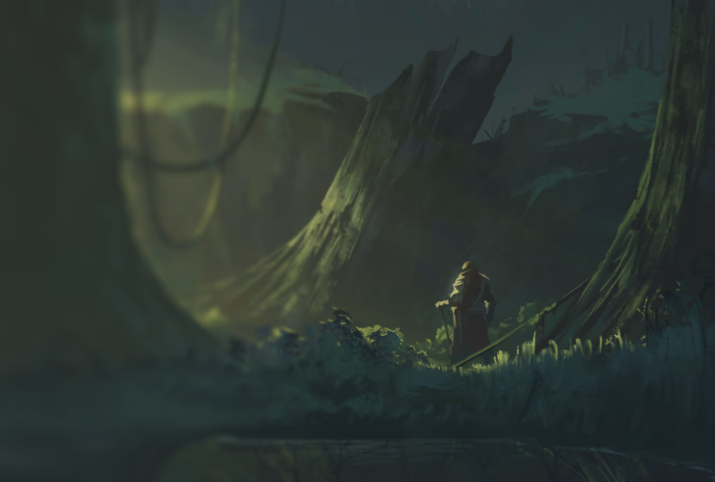 Illustration of a figure in a dark forest with rays of light coming through the trees. Art by Norbert Norkenster