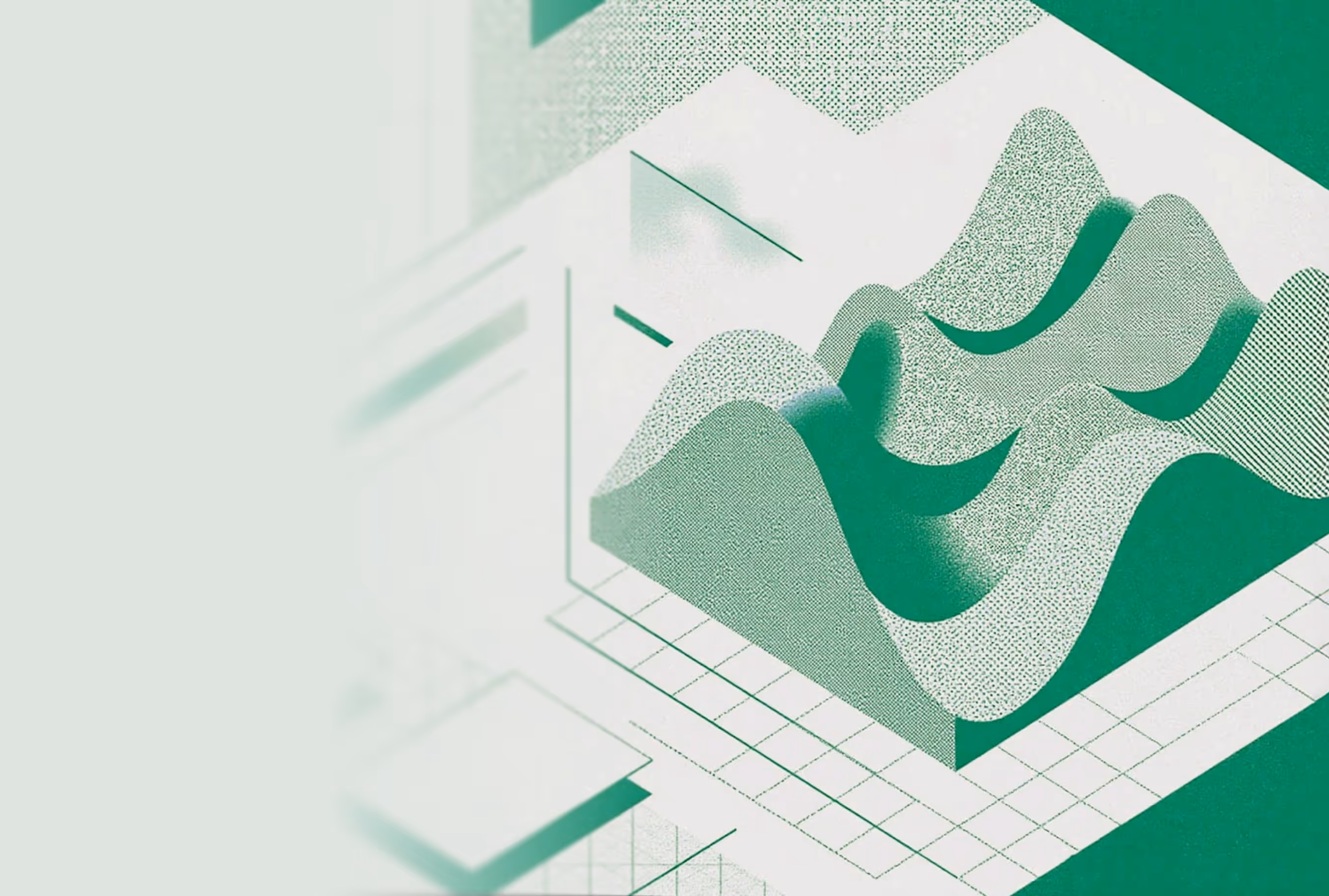 Abstract green shapes with halftone patterns and grid.