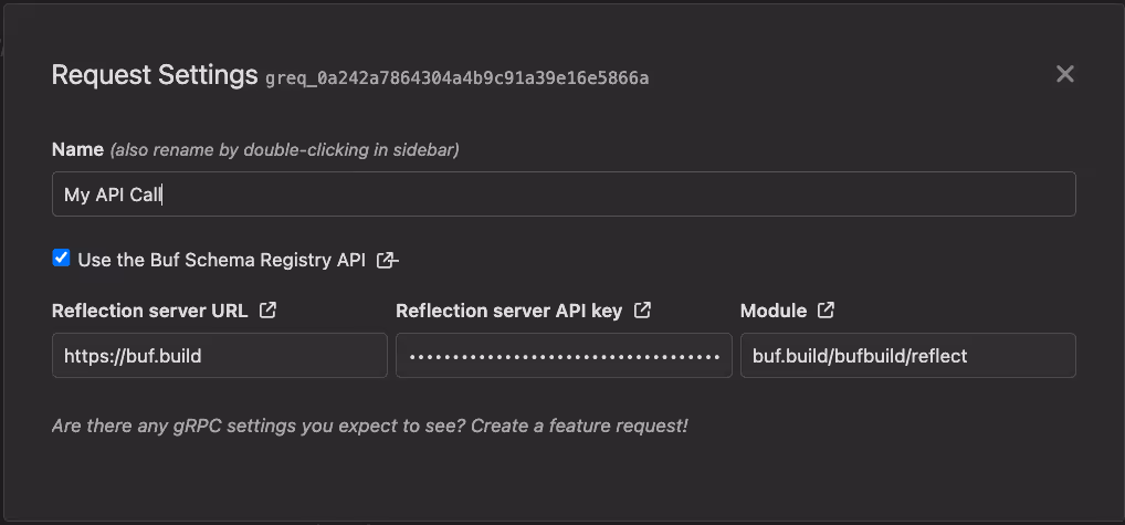 Insomnia's gRPC request settings
