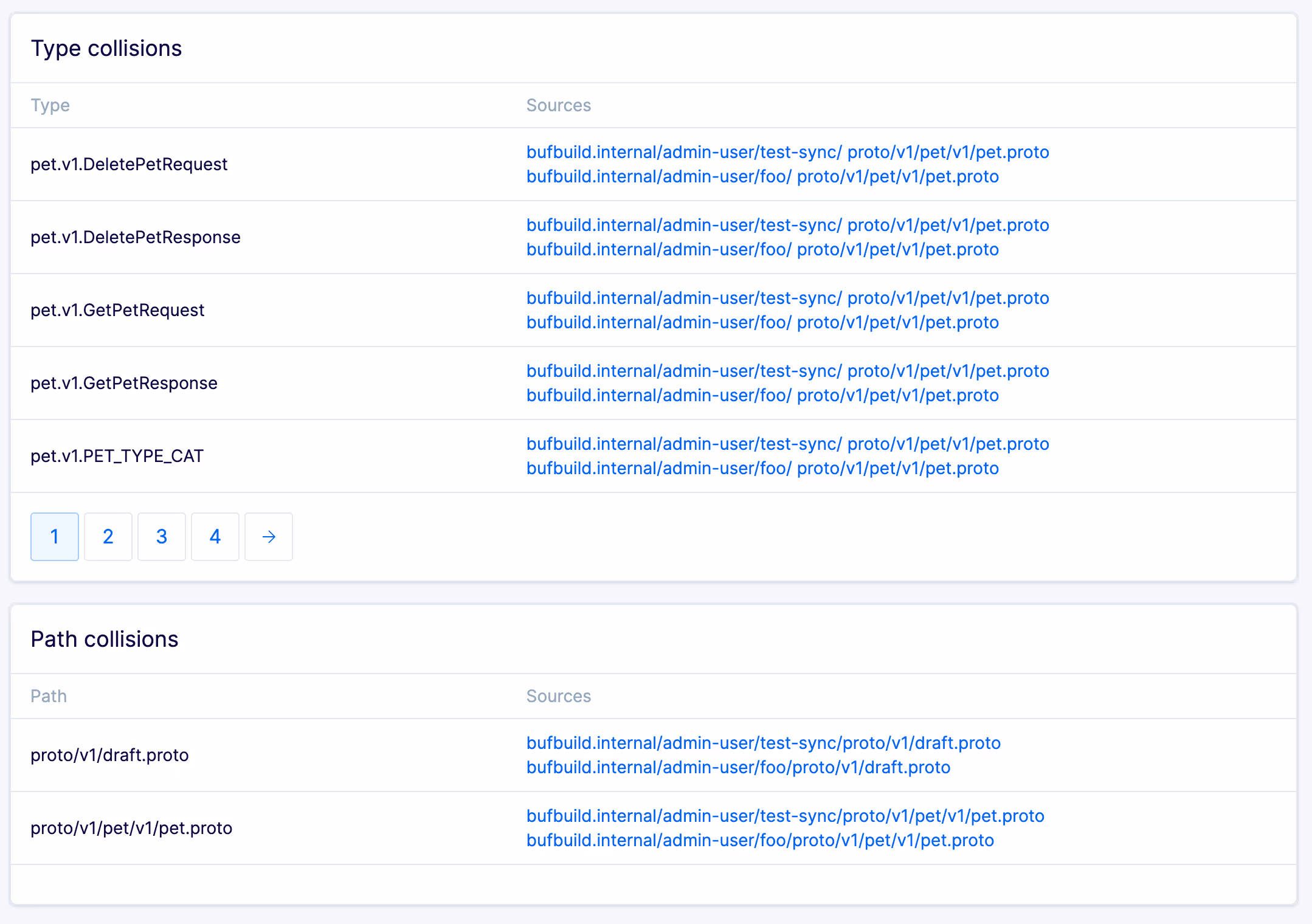 Type and path collisions panel