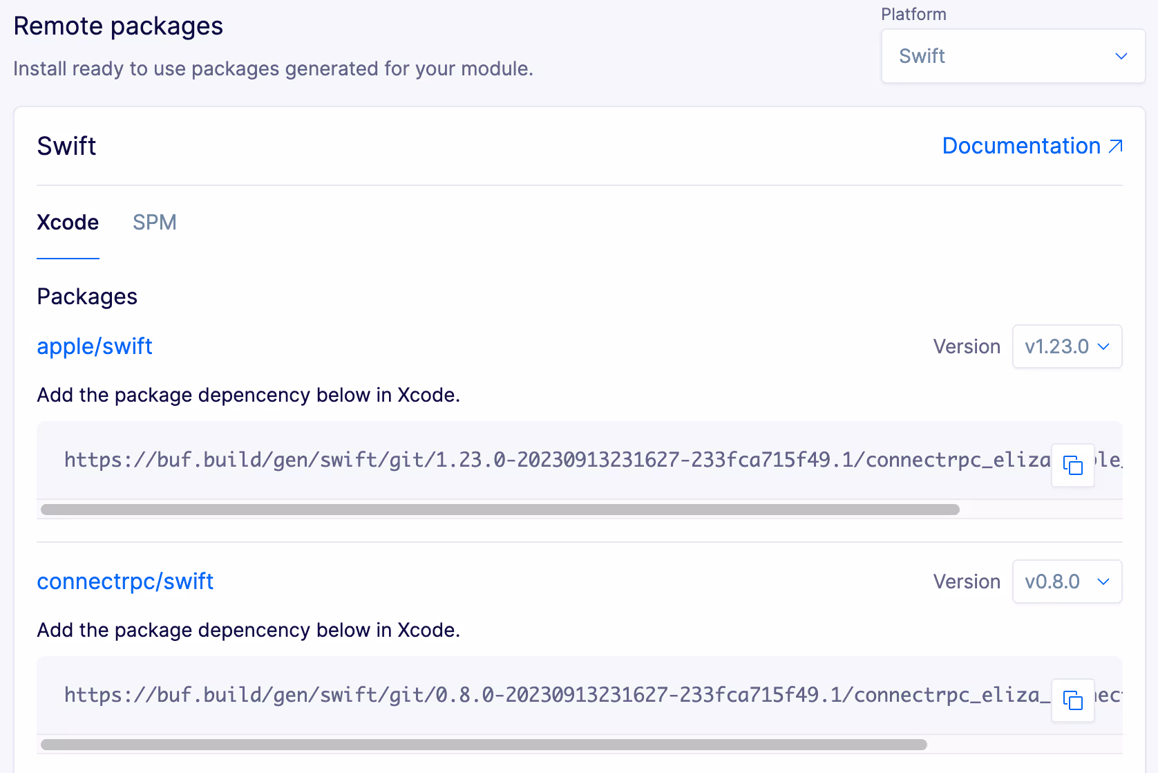 Screenshot of assets tab with xcode git links visible
