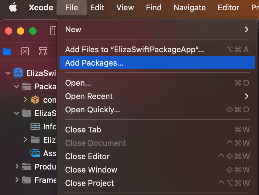Screenshot of xcode with add packages option selected
