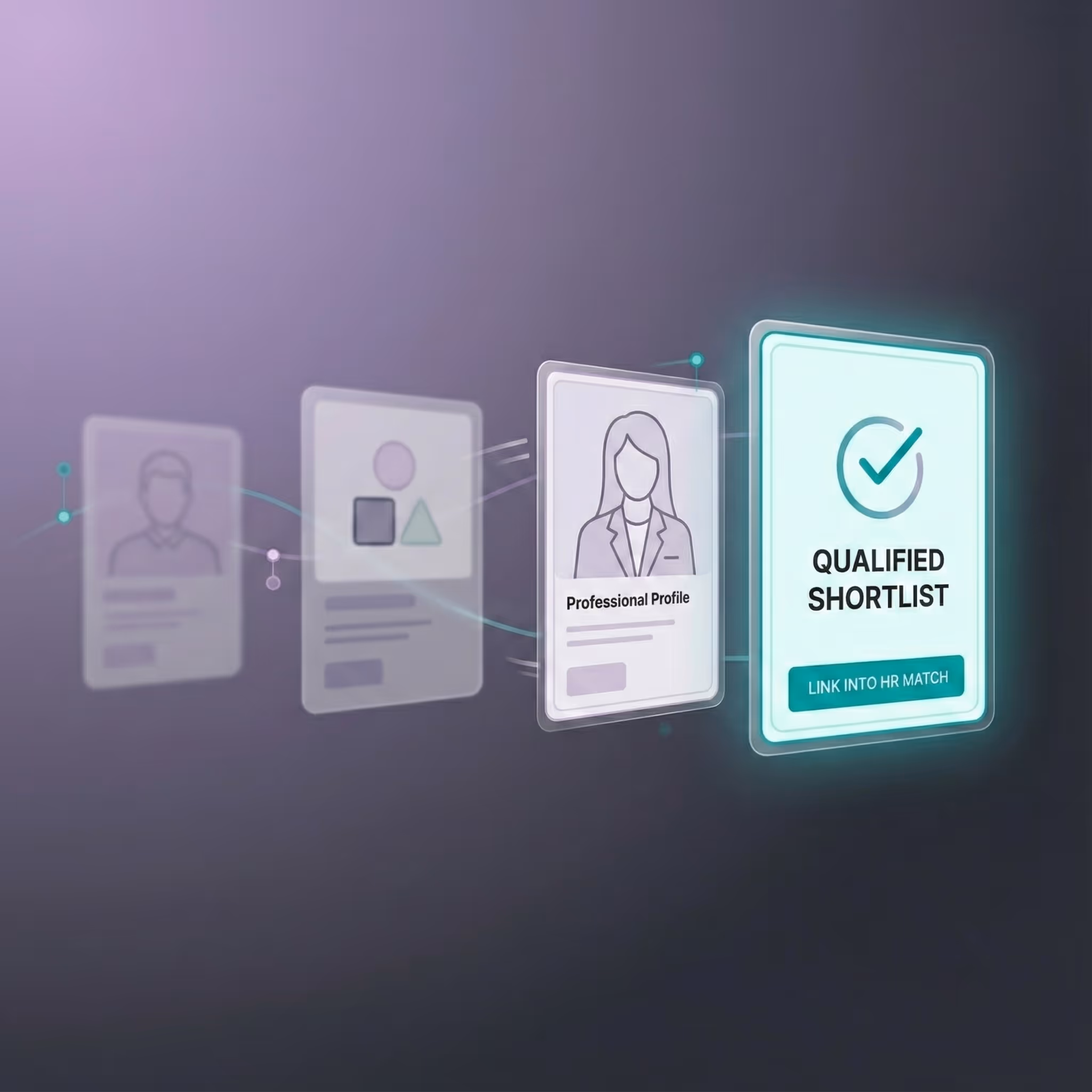Digital progression of candidate profiles leading to a highlighted card labeled 'Qualified Shortlist' with a checkmark and a button saying 'Link Into HR Match.'