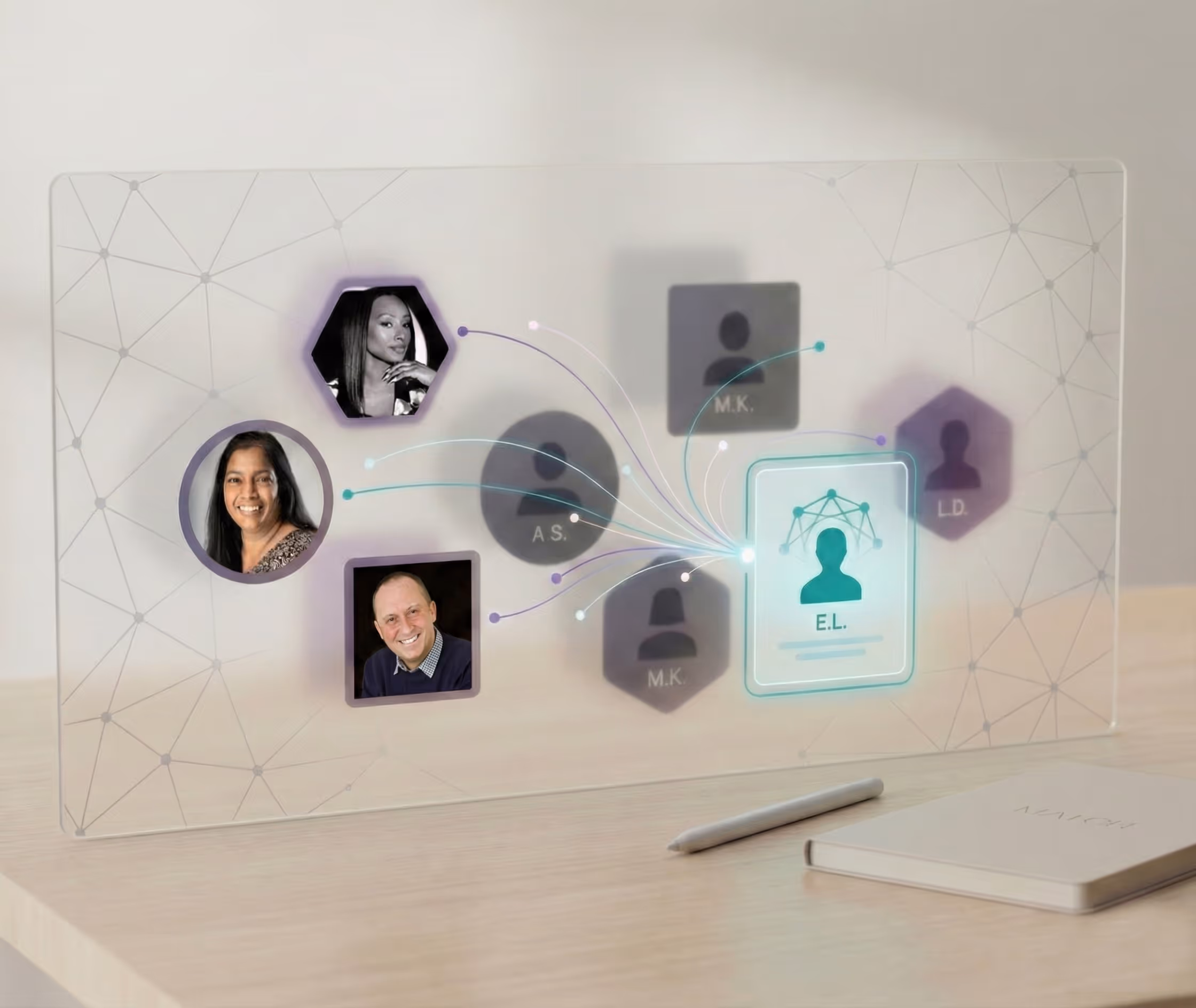 Transparent digital interface showing a network of connected profile images and icons on a desk with a pen and notebook.