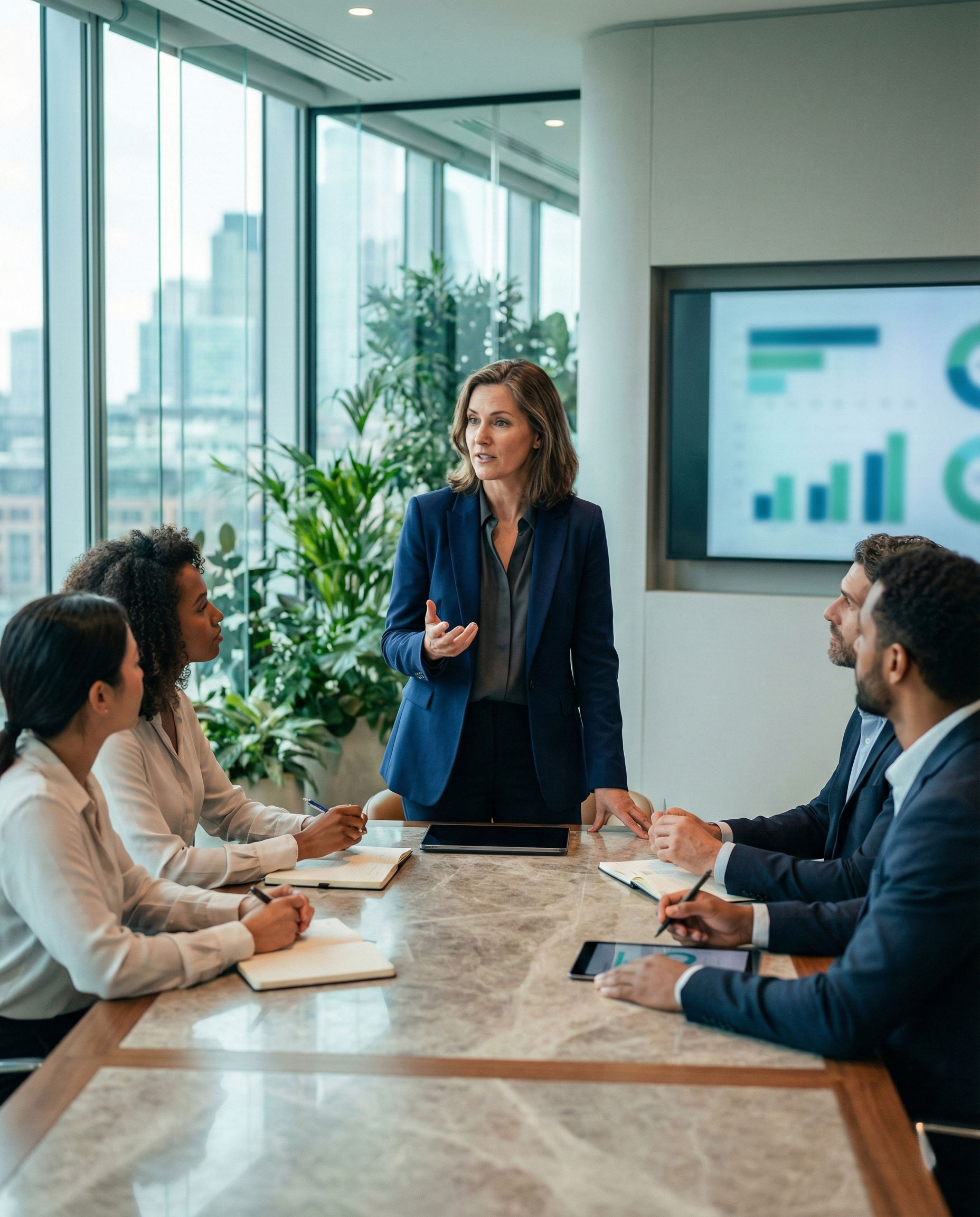 Businesswoman standing and speaking to four colleagues seated at a conference table in a modern office with city views and a screen displaying charts.