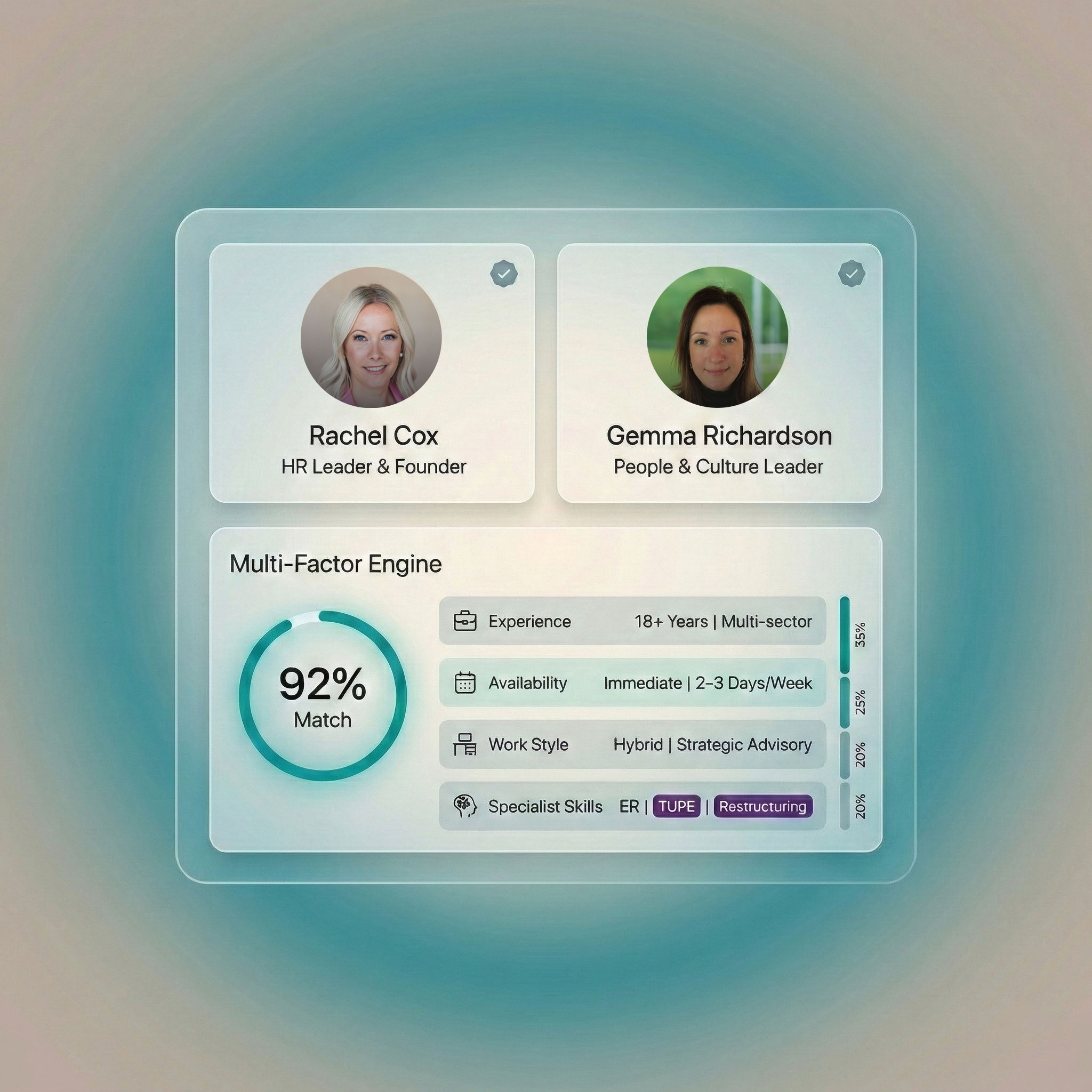 Transparent digital interface showing a network of connected profile images and icons on a desk with a pen and notebook.