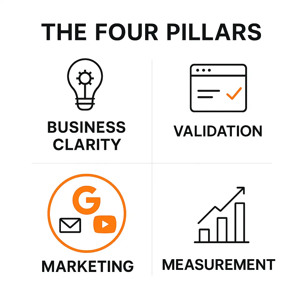 Four pillars for coaches: Business Clarity, Validation, Marketing (Google, YouTube, LinkedIn, Email), and Measurement