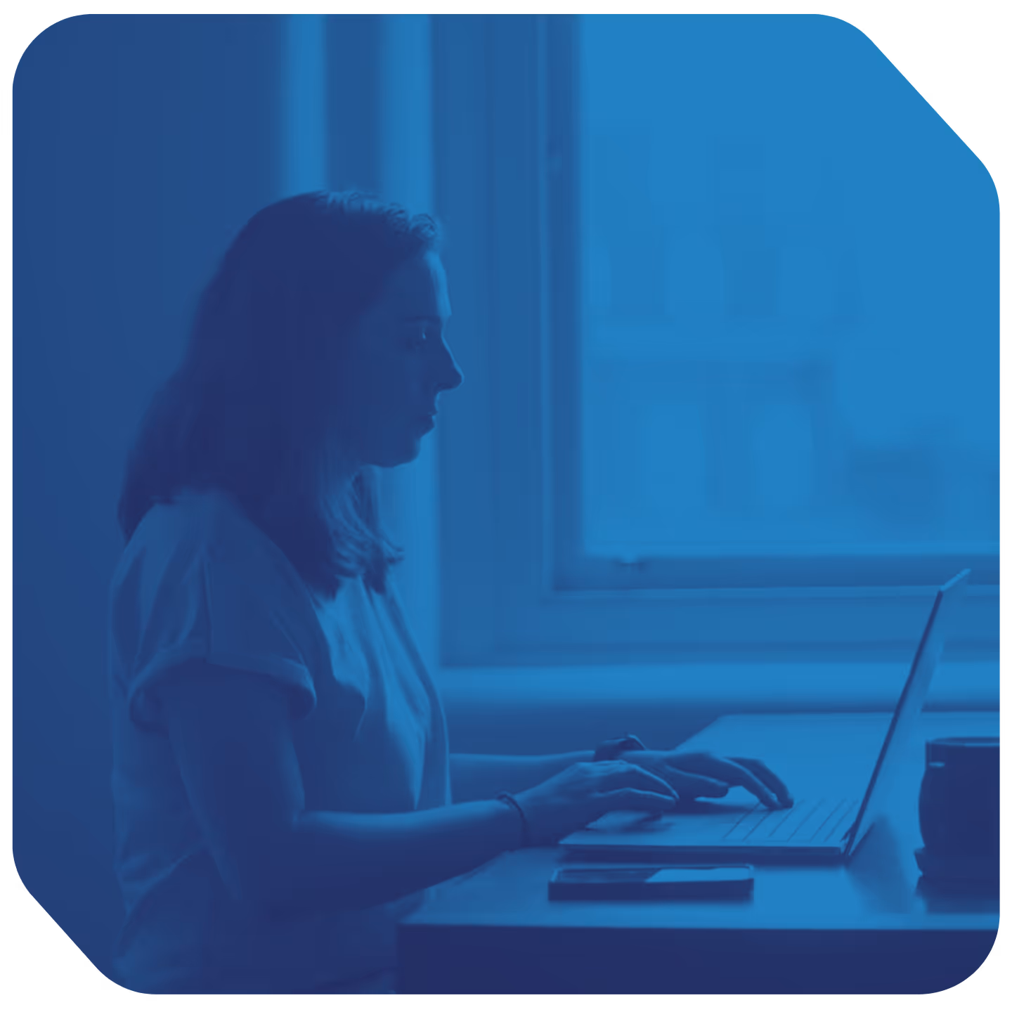 a woman sitting at a desk using a laptop