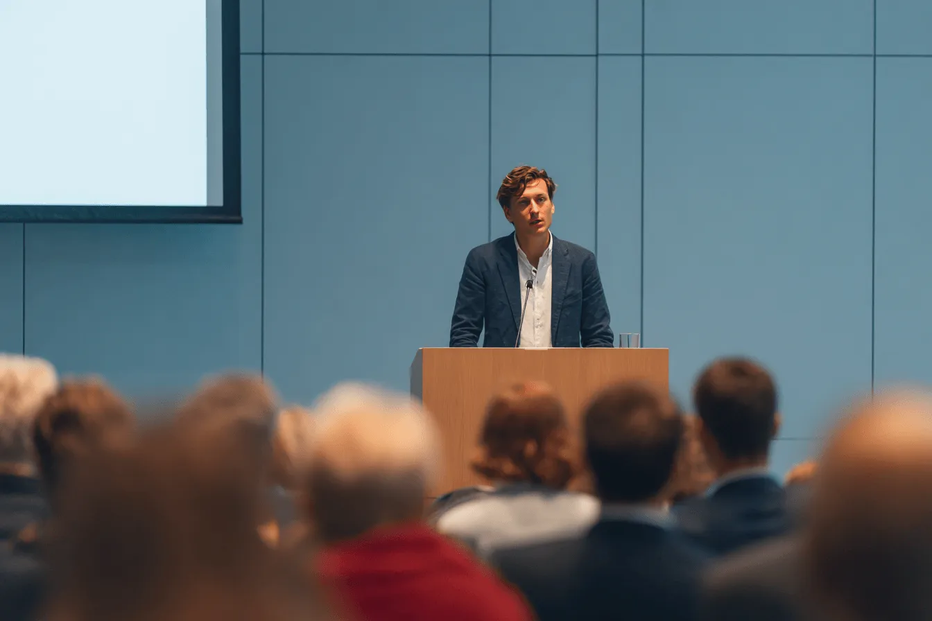 Man in a dark blazer speaking at a podium in front of an audience in a conference room.
