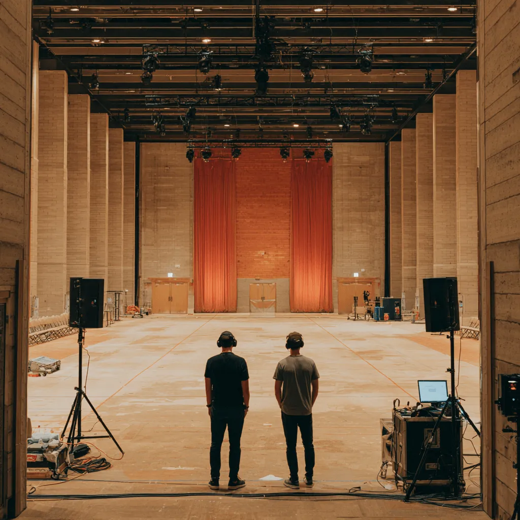 Two people wearing headphones standing in a large empty industrial space with high ceilings and stage lighting.