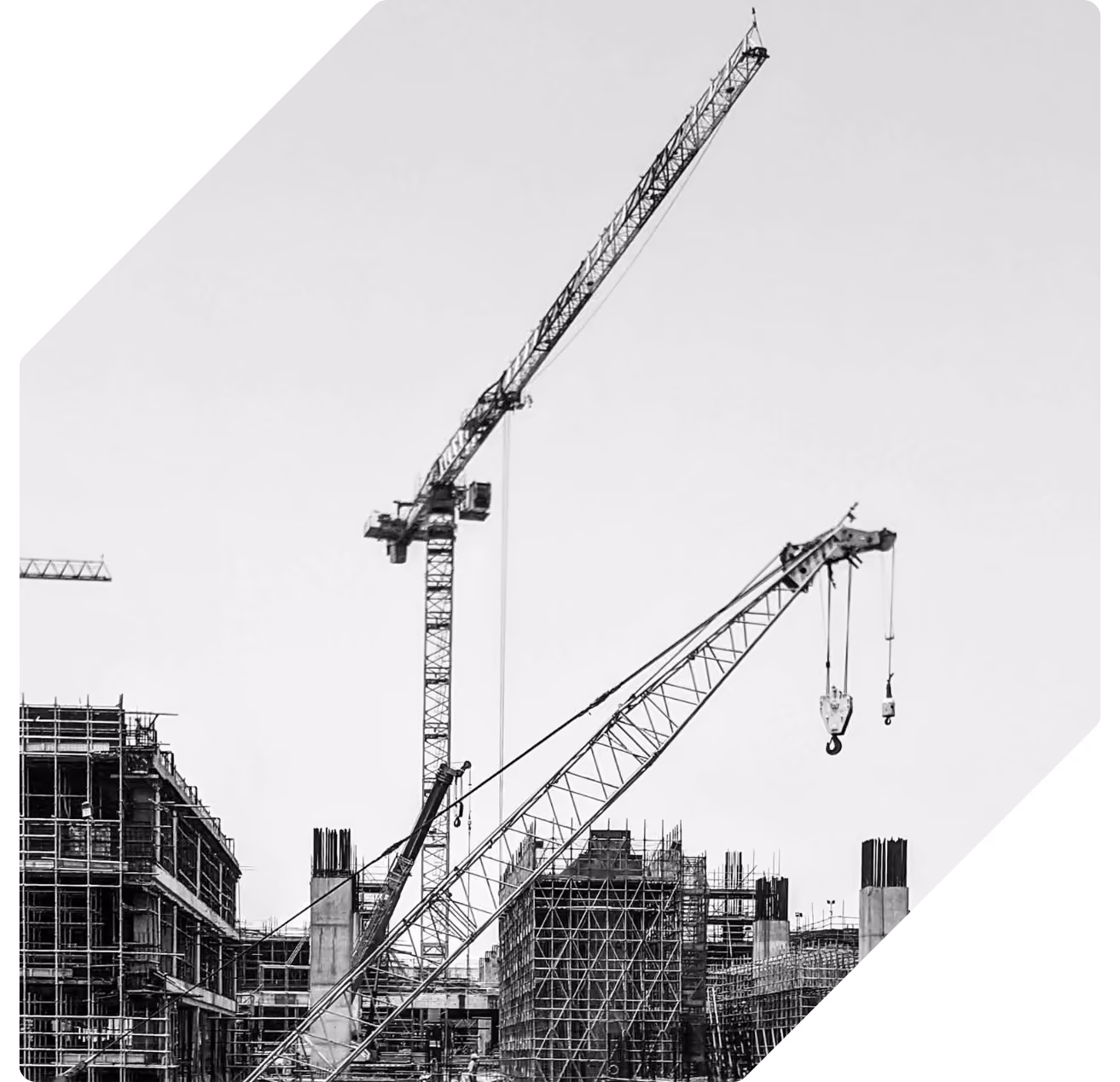 Two tower cranes above a multi-building construction site, photographed in black and white.