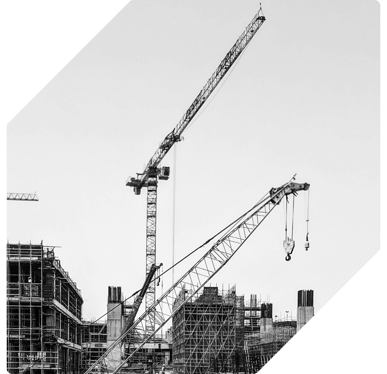 Two tower cranes above a multi-building construction site, photographed in black and white.