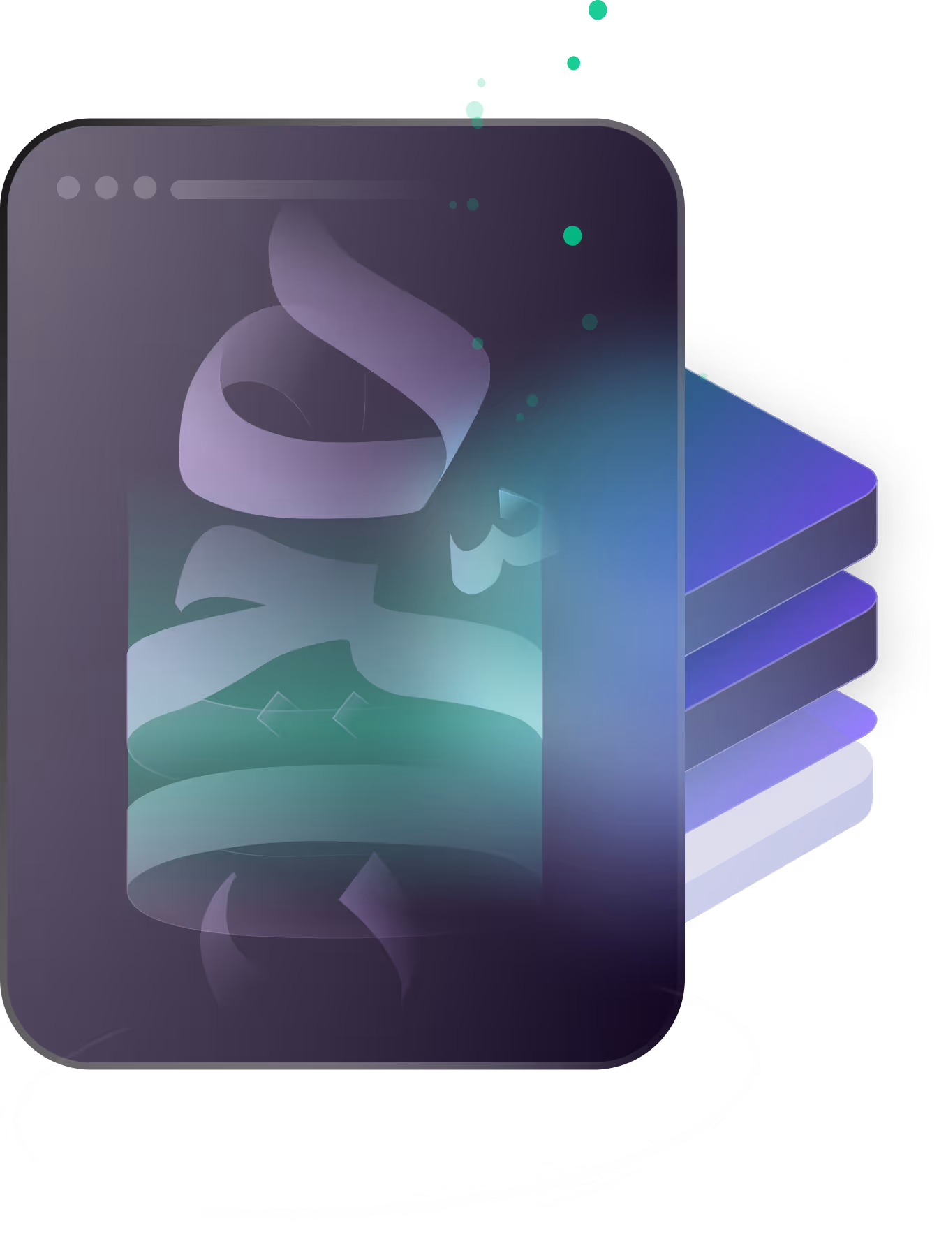 Abstract digital interface with layered translucent screens and floating green dots.